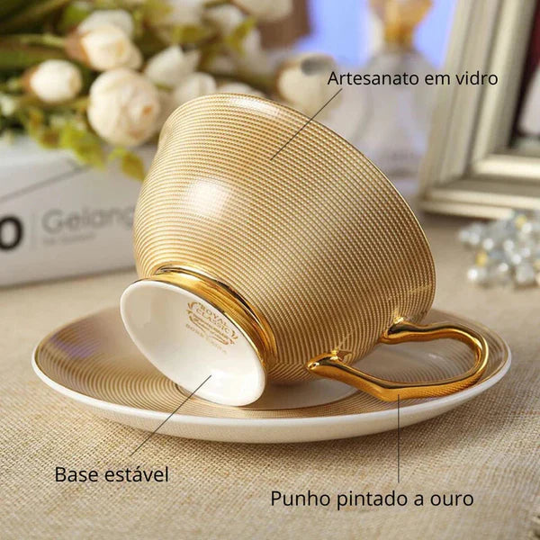 Conjunto de Xícara, Colher e Pires de Porcelana Lumière Casa - Alto Luxo e Elegância na sua Mesa